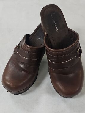Maurices Dark Brown Leather Slip-On Clog Mules with Buckle